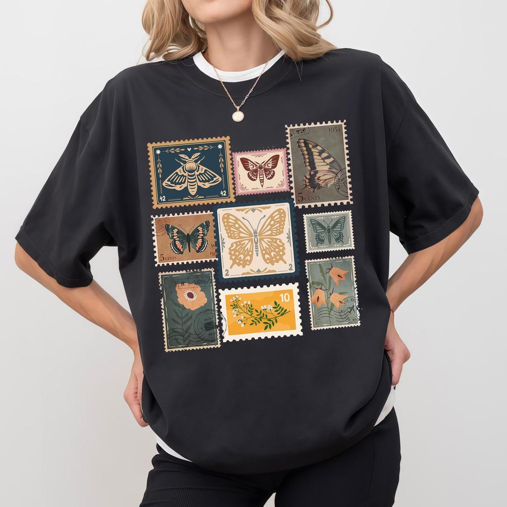 Vintage Butterfly & Moth Shirt, Retro Insect Postage Stamp T-shirt, Moth Cottagecore Outfits, Y2K Ae