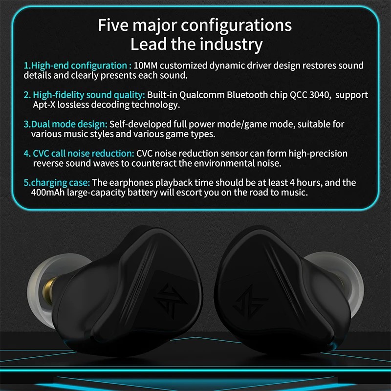 KZ VXS TWS Wireless Bluetooth 5.2 Earphones APTX Earbud Sport Earbuds Game Headset HiFi Bass