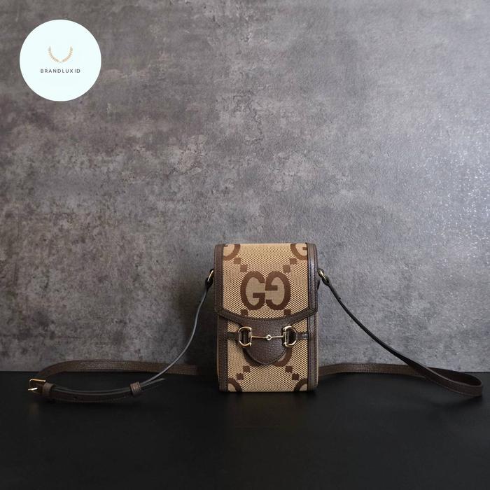 Gucci Mini Vertical Horsebit Bag / Phone Holder In Jumbo GG Beige / Brown