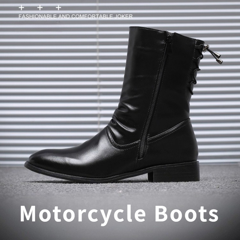 Men's Leather Boots High Quality Black Motorcycle Boots Designer Punk Rock Mid-calf Boots Fashion