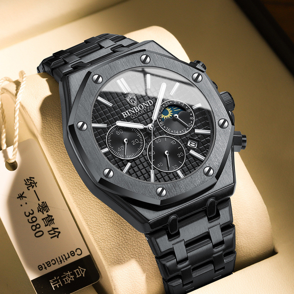 BINBOND 0161 Brand Man Quartz Watch Luxury Luminous Chronograph Wristwatch Stainless Steel