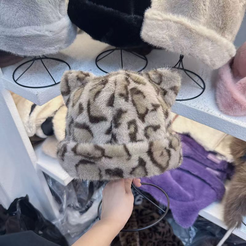 Womens Retro Leopard Print Plush Bucket Hat Winter Warm Faux Mink Ear Flap Mongolian Trapper Hat