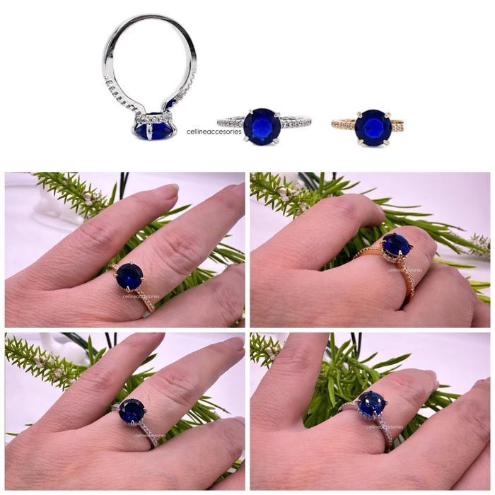 Cincin Fashion Biru Oval Bulat Mewah Elegan Lady Diana Keren - Rings cincin