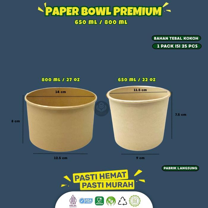 [25 Pcs] Paper Bowl 800ml Food Grade / Rice Bowl Kraft Tanpa Tutup / Paper Bowl Food Grade / Mangkuk