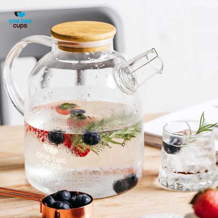 Teko Pitcher Air Teh Chinese Filter Glass Kaca Tutup Kayu 1.1 Liter