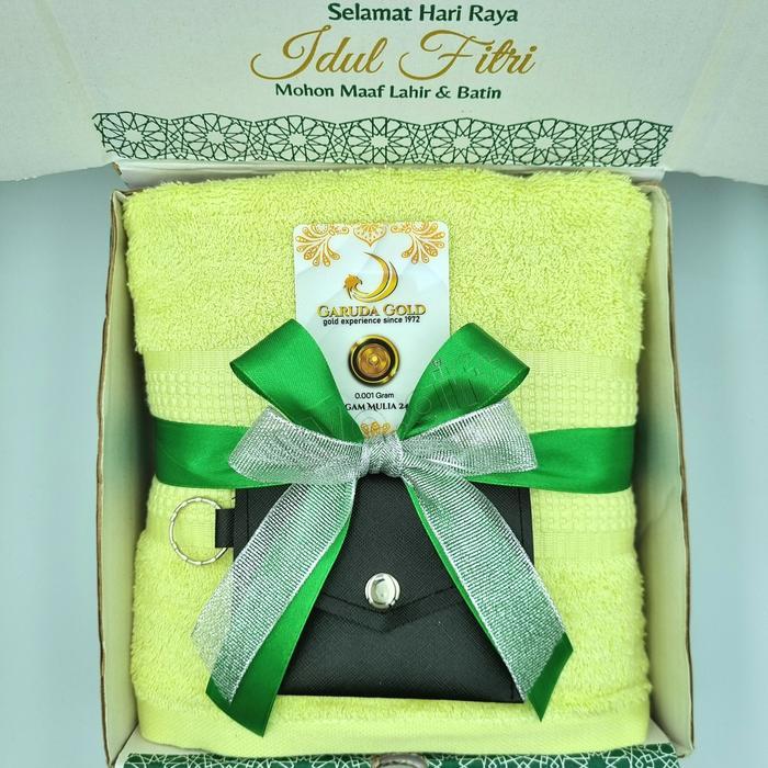 Hl11 Hampers Lebaran Idul Fitri: Handuk Terry Palmer Besar, Dompet, & Lm0,001G Emas Gold