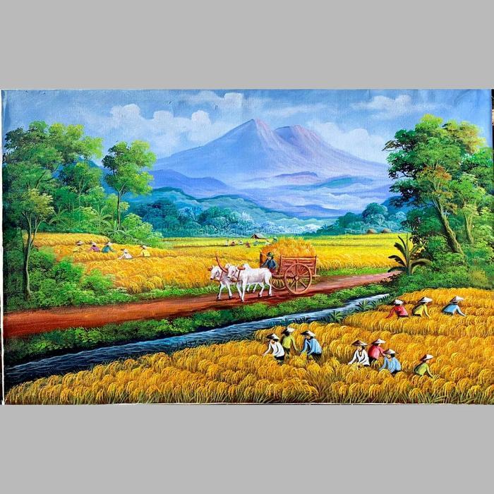 Lukisan panen padi pemandangan desa