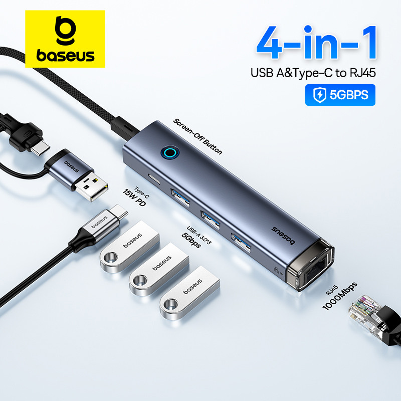 Baseus USB Hub Type-C USB-A Adapter to USB 3.0 5Gbps Data Transfer RJ45 Gigabit Ethernet 4-in-1