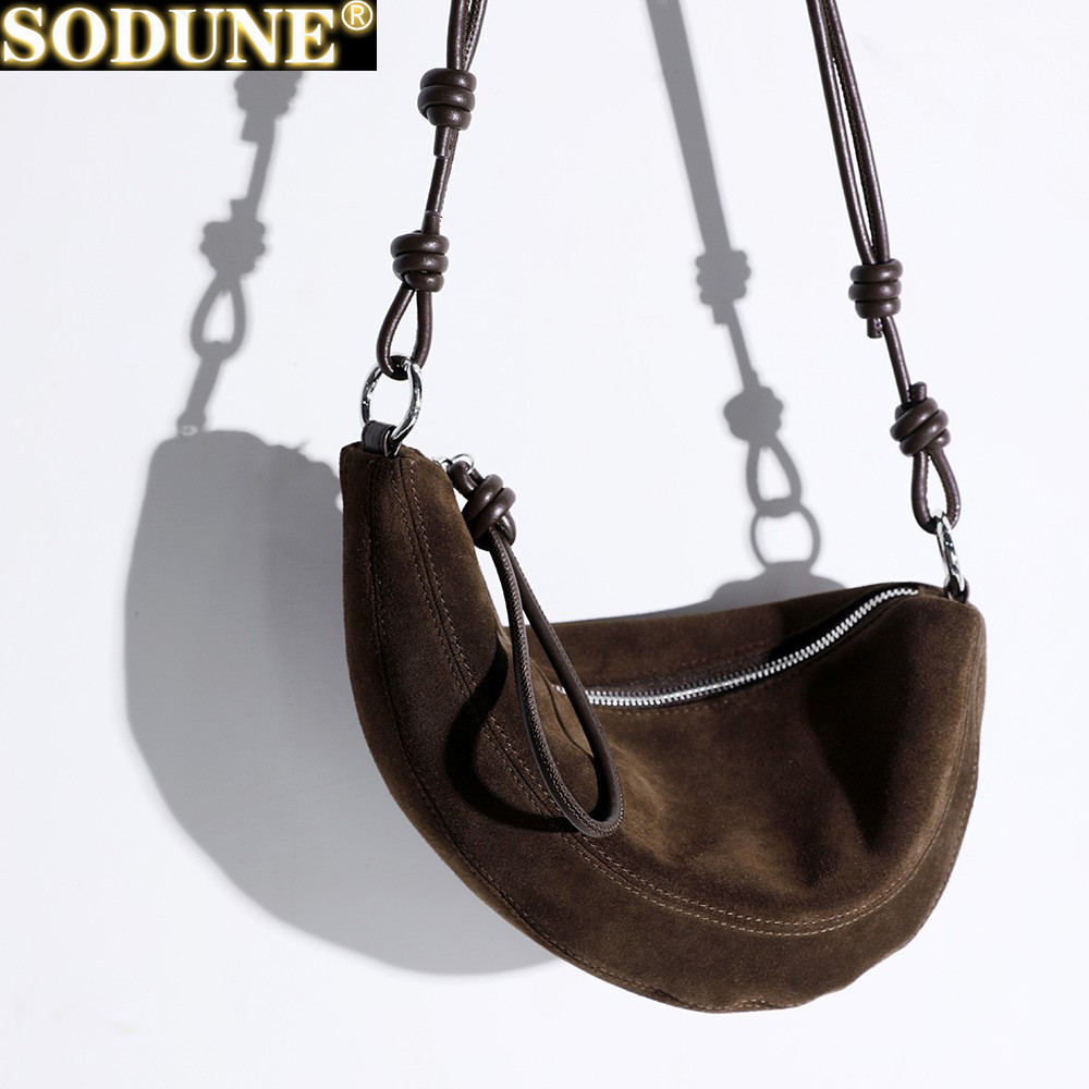 Genuine Leather New High-end Soft Lambskin /matte Suede Leather Half Moon Pea Shape Saddle Bag Women