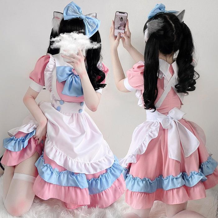 WETROSEGIRL SUPER CUTE BIG BOW LOLITA MAID OUTFIT PINK BLUE MAID COSTUME DRESS SET FOR COSPLAY CAFE