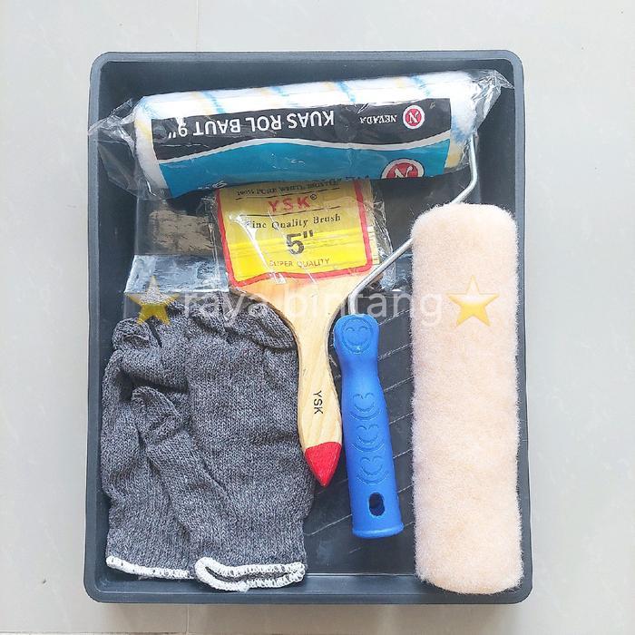 "New" Paket bak 6in1 kuas roll 9inch kuas 5inch refill 9inch sarung tangan rajut 3 benang peralatan