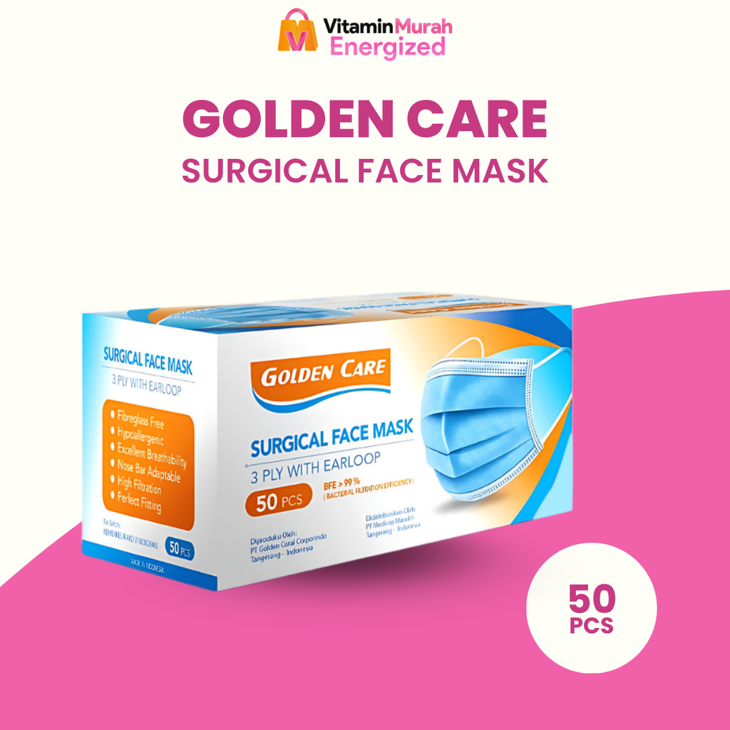 MASKER GOLDEN CARE 3 PLY WITH EARLOOP BFE 99 % 1 BOX ISI 50 PCS