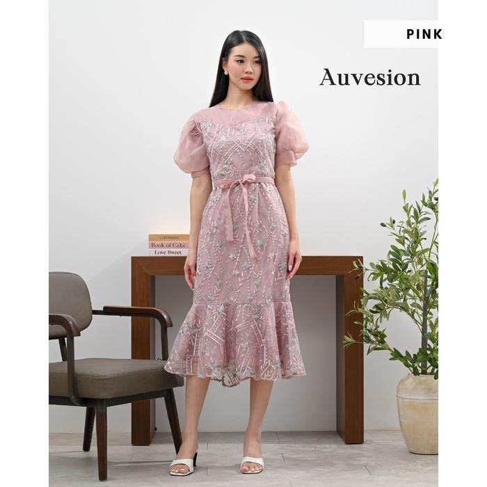 [] 6068 Aramina Strap Polos Tile Brukat Midi Dress Natal Dress Pesta Dress Lengan Balon