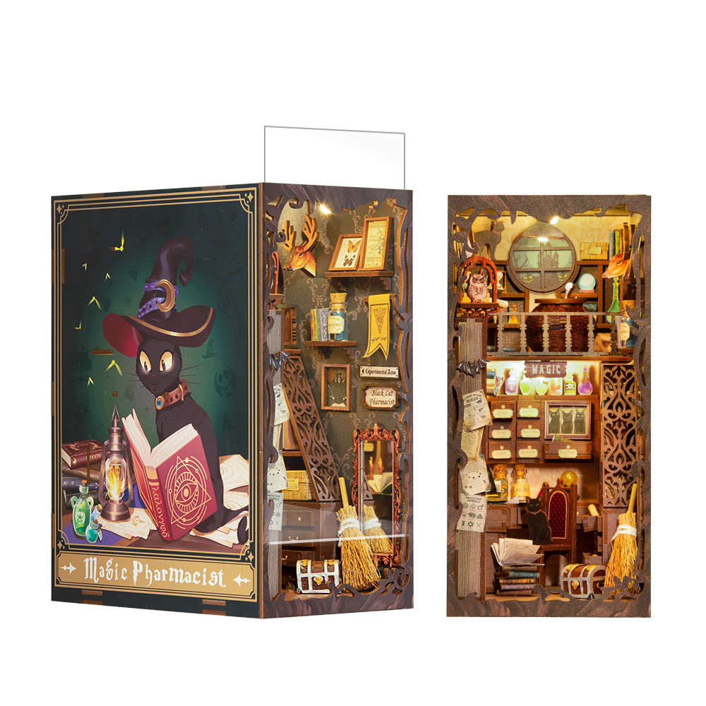 CUTEBEE DIY Book Nook Kit Dollhouse Book Nook Magic Pharmacist Miniature Touch Lights with Furniture