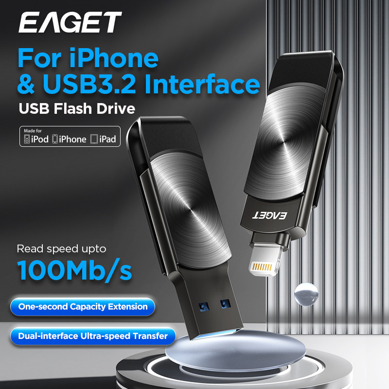 Eaget for iPhone USB Flash Drive MFi Lighting to USB 3.2 Pendrive 64GB 128GB 256GB 512GB 1TB for