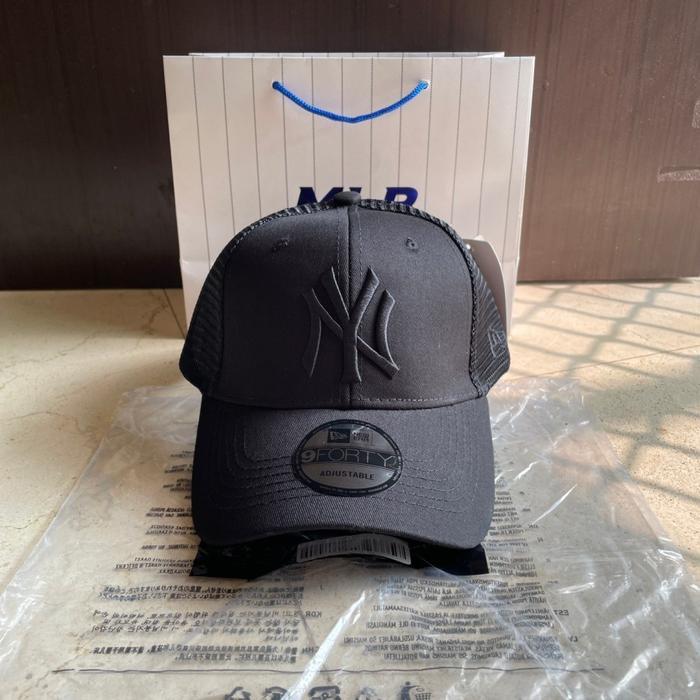 Topi Pria Minimalis Topi Baseball Mlb Ny Trucker Original Full Black