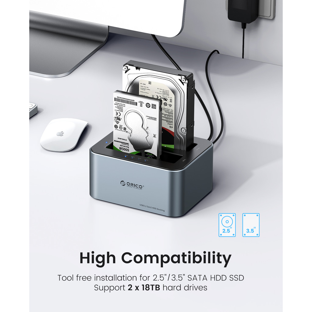 ORICO Aluminum Dual-bay Hard Drive Station Type-C 10Gbps with Offline Clone 2.5/3.5" HDD Case Heat