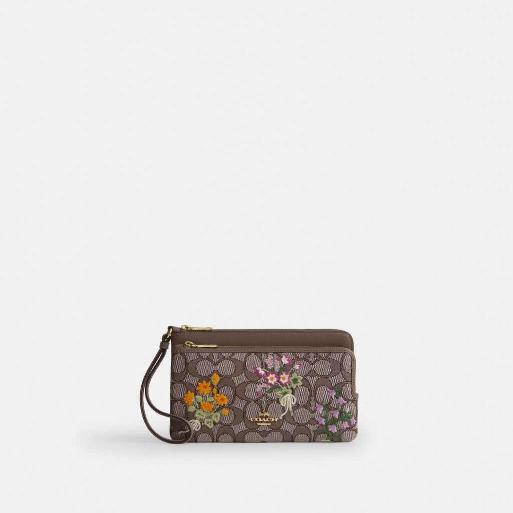 Coach Double Zip Wristlet in Signature Jacquard with Floral Embroidery - Dompet Wanita