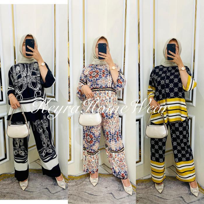 Keyra Pajamas Kulot One Set Kemeja Lengan 7/8 Rayon Motif Busui Nyaman Adem Celana Panjang