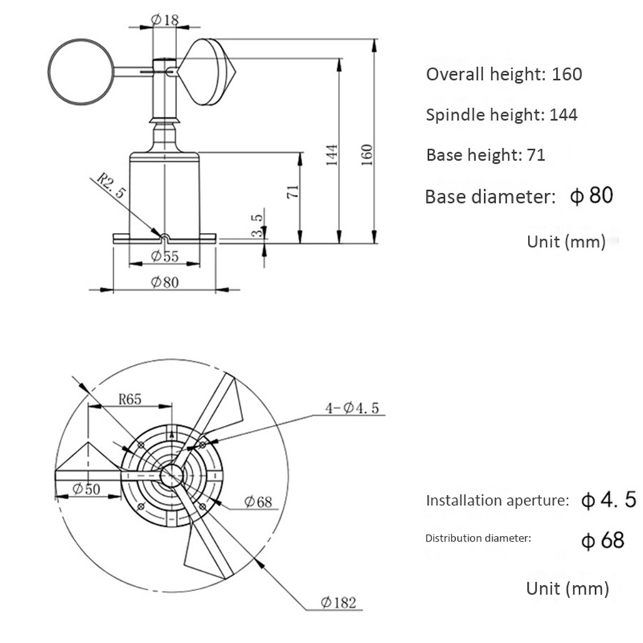 0-70M/S Wind Speed Sensor Environment Signal Output Pulse Type Three Cups Wind Speed Sensor