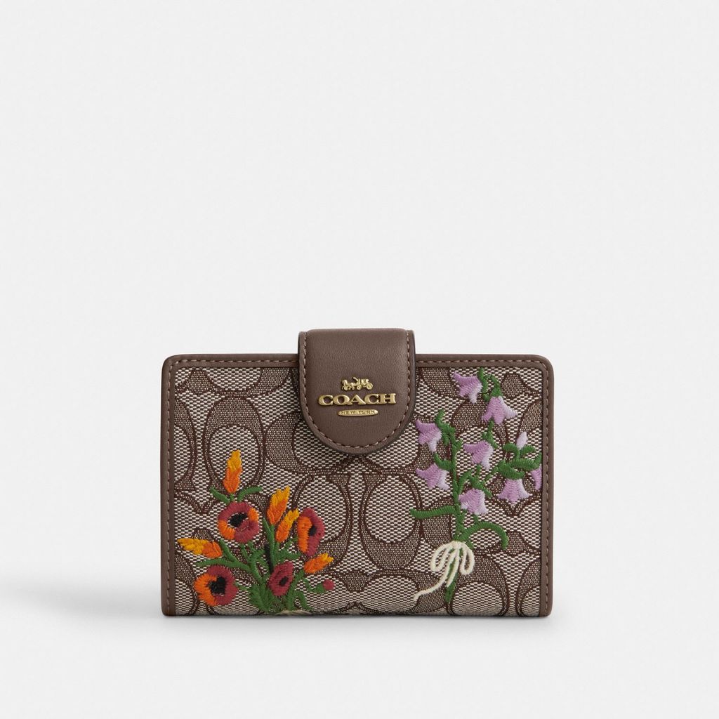 Coach Medium Corner Zip Wallet in Signature Jacquard with Floral Embroidery - Dompet Wanita