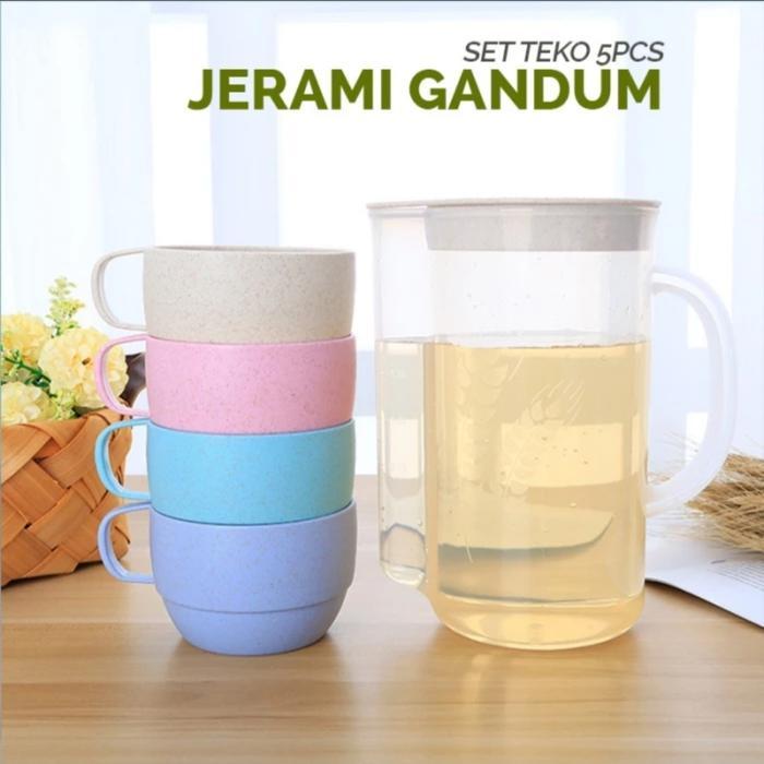 Teko Set 5in1 Berbahan Jerami Gandum Peralatan Minum Teko dan Cangkir