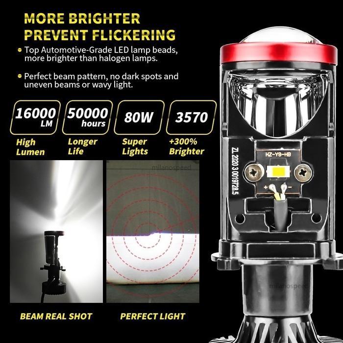 2PCS Y7D Y8D Lampu LED Mobil Motor Mini Projie H4 60W LED Healight Lampu 8000LM 6000K