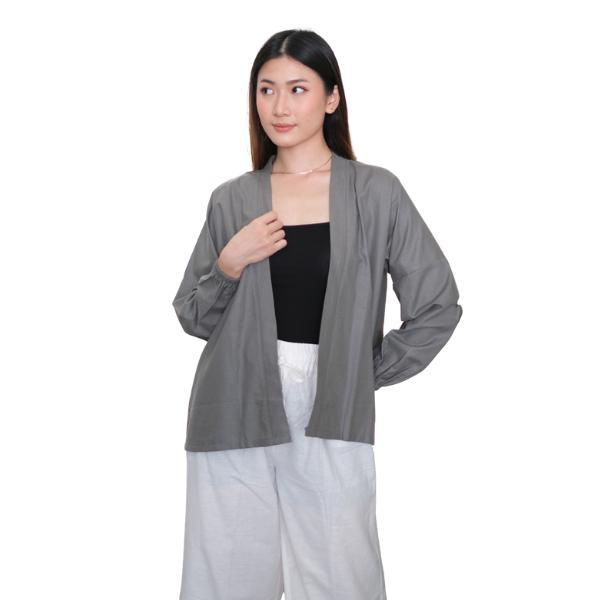 Cardigan Erika Lengan Balon Oversize Katun Linen Baju Panjang Wanita Blazer Outer Kerja Casual Hitam