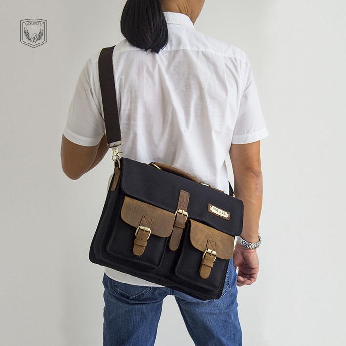 Tas Selempang Pria Bourzu Mozart Tas Selempang Laptop Kanvas Kombinasi Kulit Asli