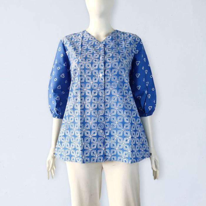 Shanaya Atasan Batik Wanita Modern Blus Purwanti Batik Cap Garutan Lengan Nanggung Blouse Kemeja