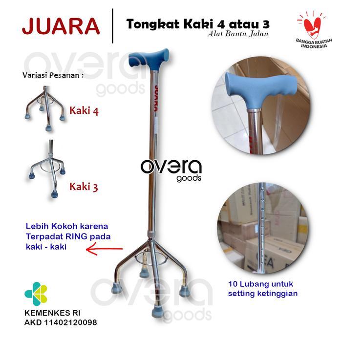 Terlaris JUARA Tongkat Jalan Kaki 4 & 3 Bantu Jalan untuk Lansia Terapi Rehabilitasi Anti Slip Karet