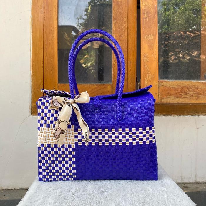 Spesial Tas Anyaman Tutup Muat 10 Kg Buat Belanja Wanita Tote Plastik Ringan Khaky Blue Tas Belanja