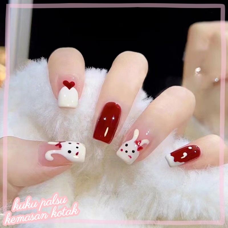 Kuku Palsu Lucu Motif Hati dan Foil Merah Gaya Korea Hati Merah