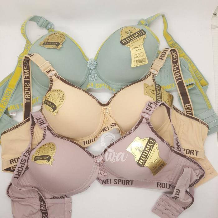 ROUMEI 1 PCS Bra Sport Bh Wanita Cup Busa Tanpa Kawat Beha Cup Besar Kait Kancing Belakang 3 susun