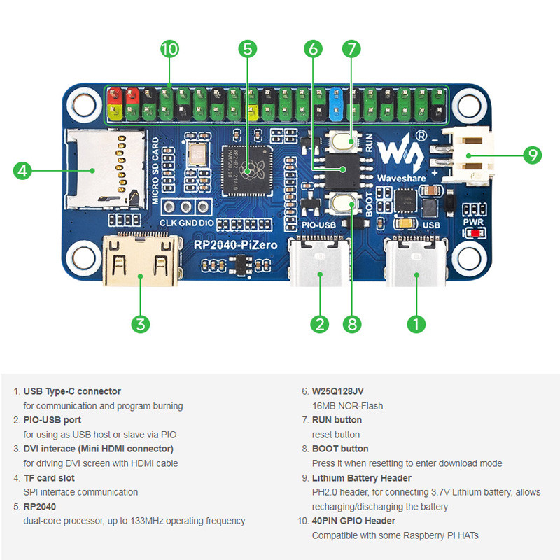 Raspberry Pi PICO RP2040-PiZero Based On RP2040 Compatible with Raspberry Pi ZERO Size 16MB Flash