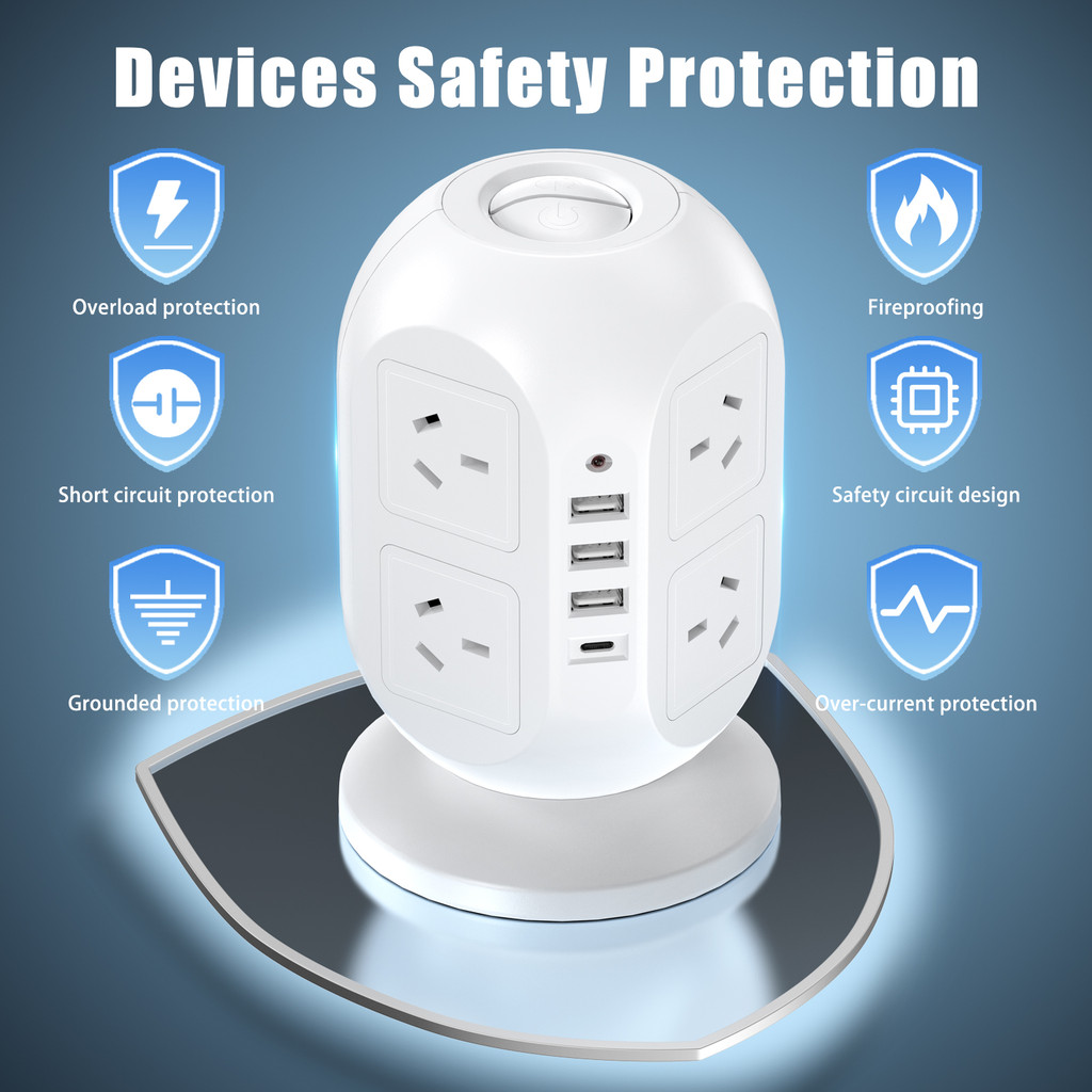12-in-1 tower socket, 8AC port +3USB-A+1USB-C, 2500 main control switch, overload protection,