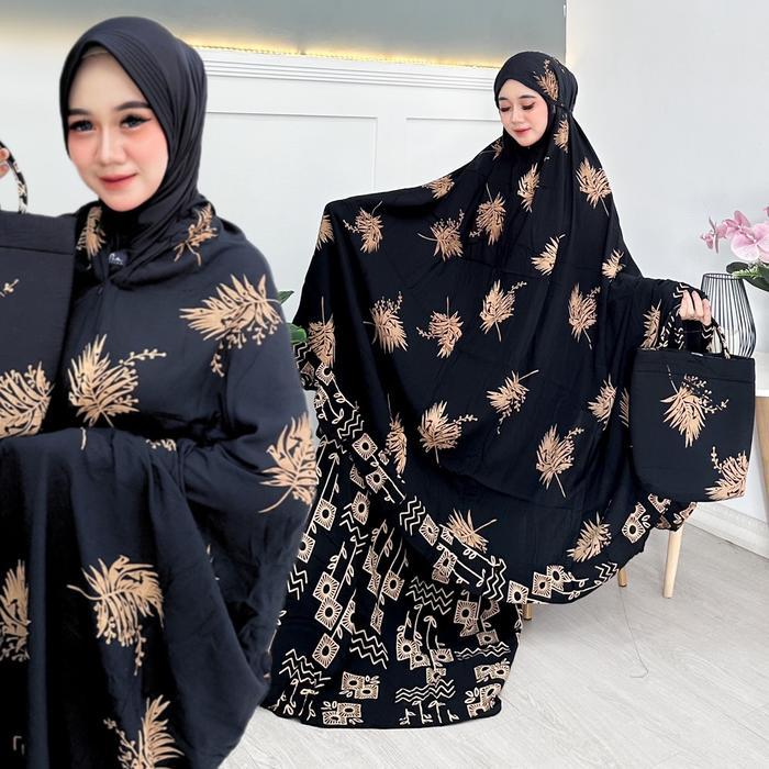 Top Mukena JUMBO mukena batik mukena dewasa spesial Hitam rayon motif atasan bawahan karet dan 2in1