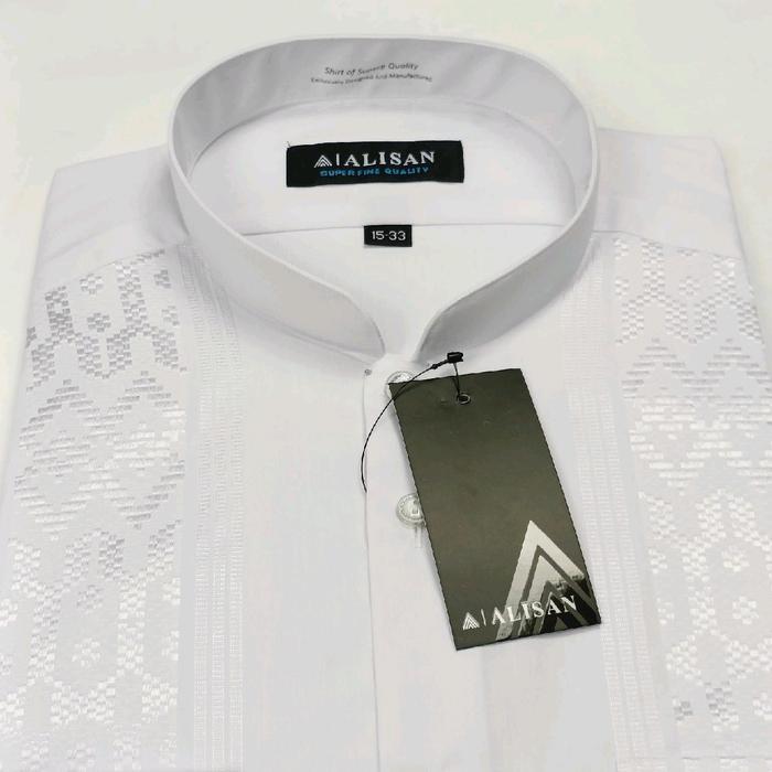 Kemeja Koko Alisan Pria Lengan Panjang Kerah Shanghai Bordir Putih
