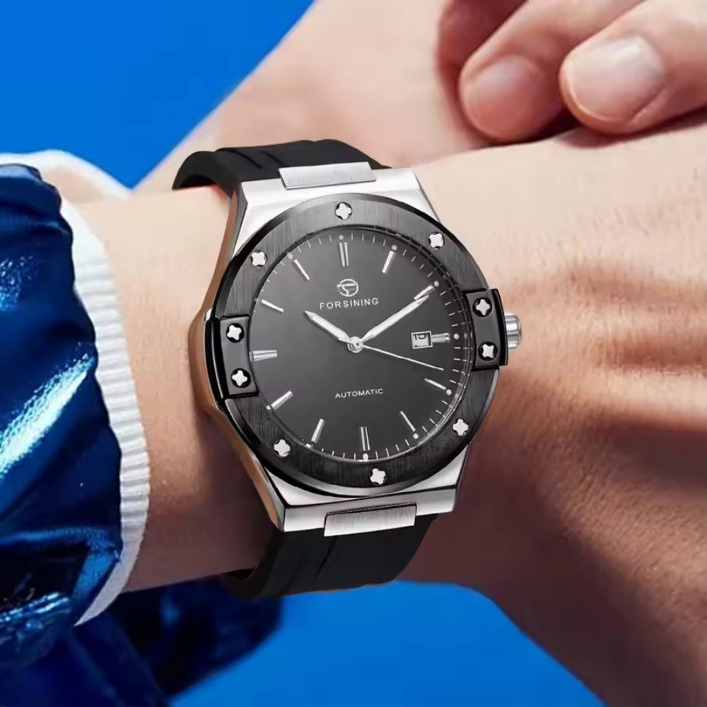 New Forsining Mechanical Watch for Men, Automatic Movement, Silicone Strap, Waterproof, Calendar