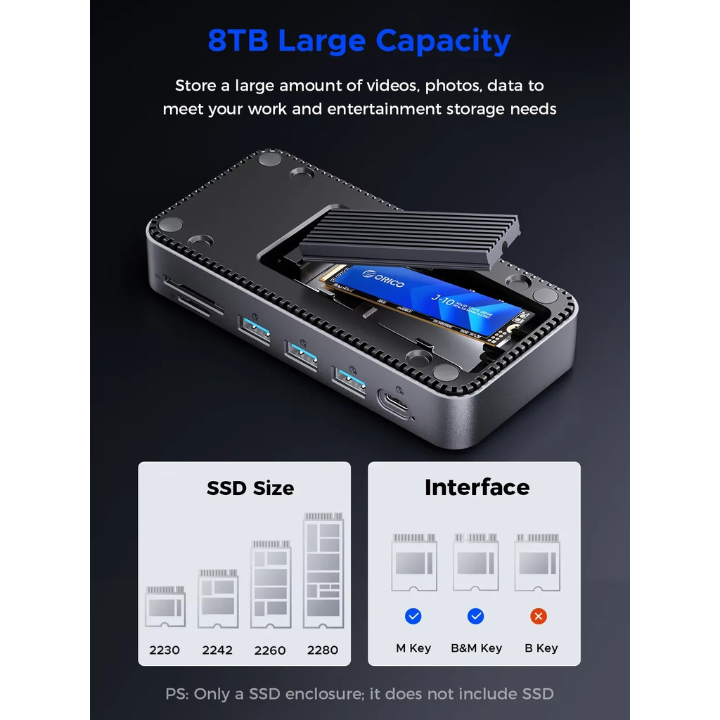 ORICO M2P11 USB C Display HUB with Cooling Fan M.2 NVMe SATA SSD Enclosure External 10Gbps HDMI-Com