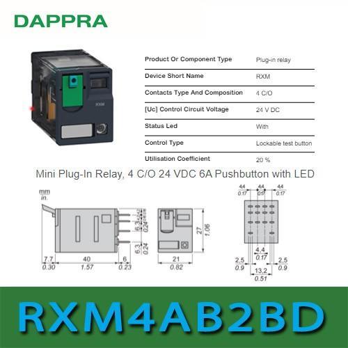 Rxm4Ab2Bd Relay 24Vdc 650Ohm 6A 4Pdt Rxm Series Power Relay Ps10