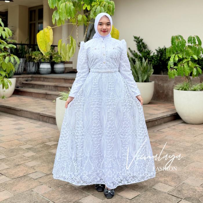 Gamis Putih Busui Tile Full Bordir Kancing Baju Muslim Lebaran Vima