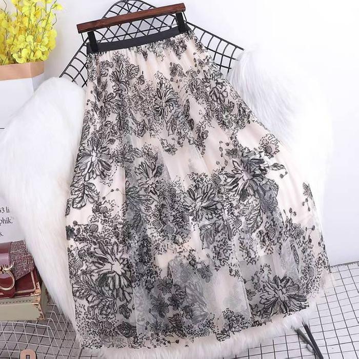 Rok Tutu 3D Motif Timbul Import Panjang Wanita Bunga Floral / Maxi Skirt
