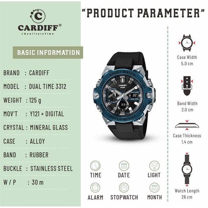 TEREMURAHTERLARIS READY SILAHKAN DIORDER CARDIFF DT 3312 JAM TANGAN PRIA DUAL TIME WATER RESIST