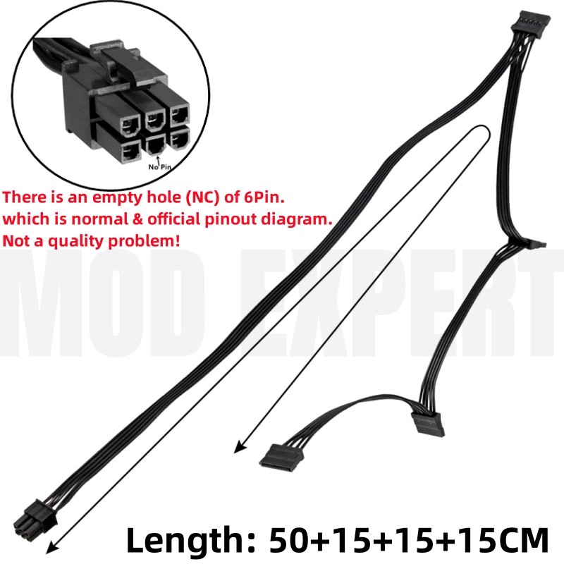 6Pin to 4x SATA Straight, HDD SSD Power Cable for Corsair SF750, SF600, SF450 Type 4 Modular Power