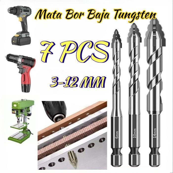 Berma Baby 7PCS 3-12mm Mata Bor Baja Tungsten/Mata Bor Segitiga Super Keras/Untuk Melubangi Kaca