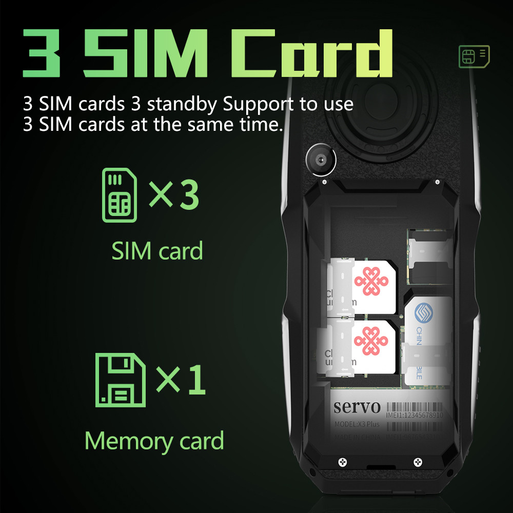 SERVO F4 3 SIM Card Rugged Cellphone Magic Voice Auto Record Call Flashlight FM Radio Power Bank 2.4