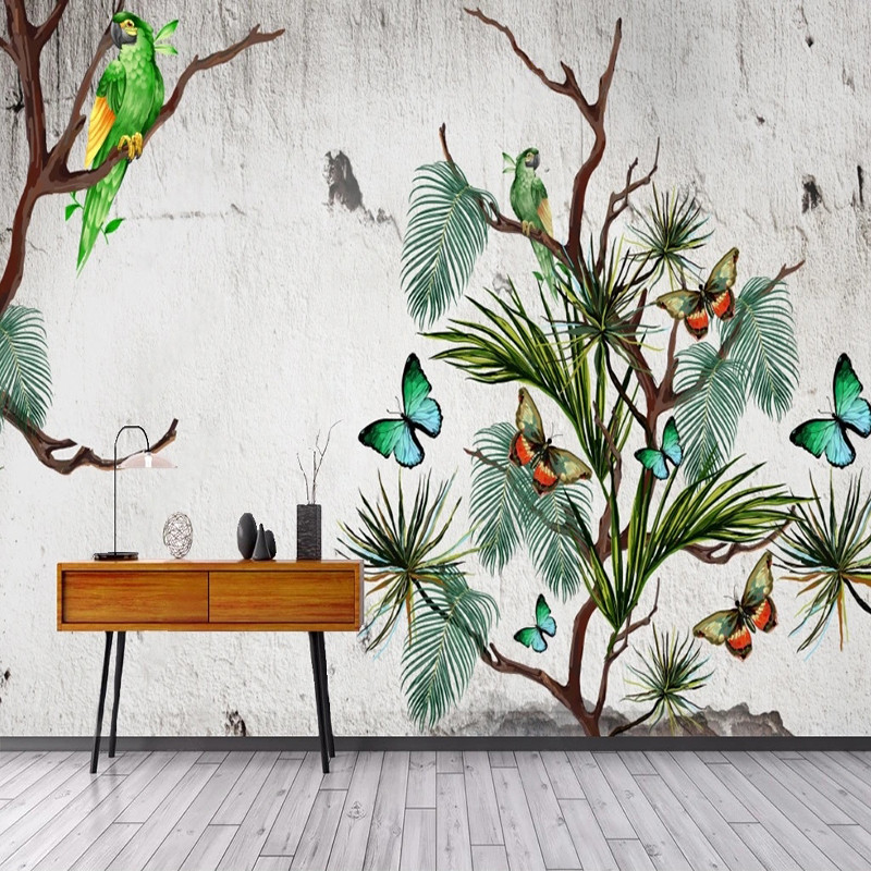 Custom Mural Wallpaper European Vintage Cement Wall Butterfly Tree Leaves Wallpaper Living Room TV B