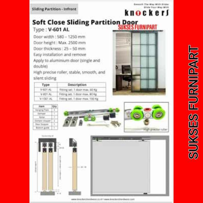 Rel Dan Roda Pintu Soft Close Sliding Door Partition Aluminium Knockers 1 Pintu Single Damper + Rel