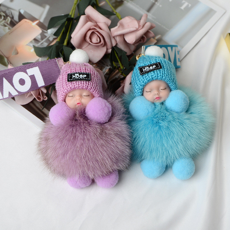 Pompom Sleeping Baby Keychain Cute Fluffy Plush Doll Keyholder Women Girl Bags Keyrings Cars Key